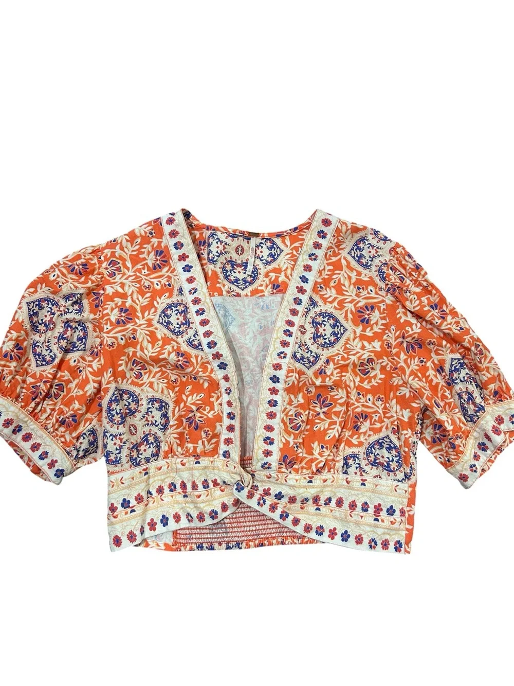 Free People Orange Boho Wrap Crop Top Paisley Floral Smocked Back Large